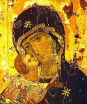 Gottesmutter von Wladimir, ein Nationalheiligtum Russlands und der russisch-orthodoxen Kirche. Die Marien-Ikone ist als Reproduktion auch im Westen weit verbreitet (Konstantinopel um 1100).